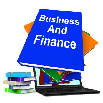 Business And Finance Book Stack Laptop Shows Businesses Finances