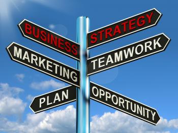 Business Strategy Signpost Showing Teamwork Marketing And Plans