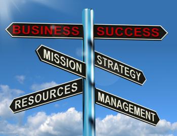 Business Success Signpost Showing Mission Strategy Resources And Manag