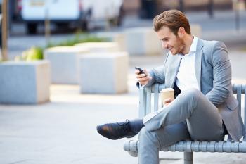 Businessman On Park Bench With Coffee Using Mobile Phone – Wireless ...