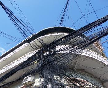 Chaotic Cambodian street cabling