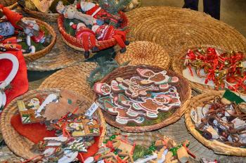 Christmas cookies and toys at Christmas market in Germany