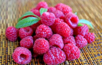 Close-up of raspberries with leaves