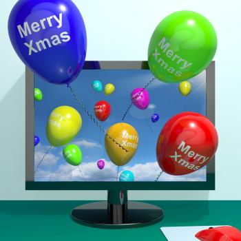 Colorful Balloons With Merry Xmas From Computer Screen For Online Gree