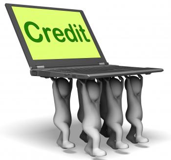 Credit Laptop Characters Show Borrowing Or Loan For Purchasing