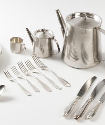 Tea and coffee pots, milk pots, cutlery and crockery. Nickel silver ...