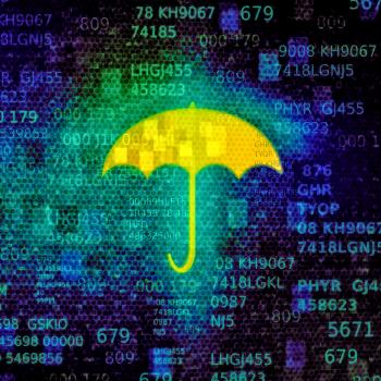 Cyber security concept with umbrella on data screen
