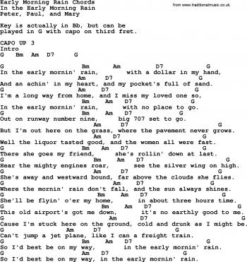 Peter, Paul and Mary song: Early Morning Rain, lyrics and chords