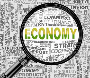 Economy Magnifier Shows Macro Economics 3d Rendering