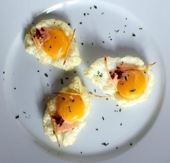 Poached Egg Yolk on Egg White Meringue with Spicy Garlic Aioli ...