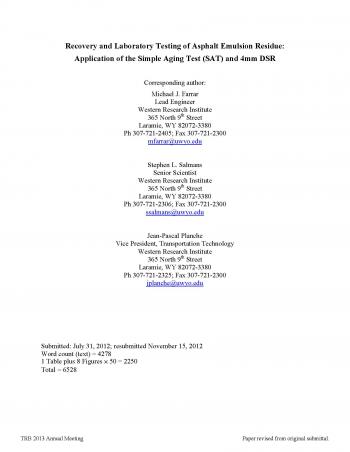 Recovery and Laboratory Testing of Asphalt Emulsion Residue ...
