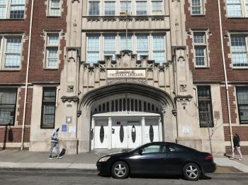 Entrance, Old Frederick Douglass High School (1924; Owens and Sisco, architects), 1645 N. Calhoun Street, Baltimore, MD 21217