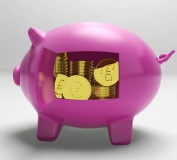 Euros In Piggy Shows Wealth And Success