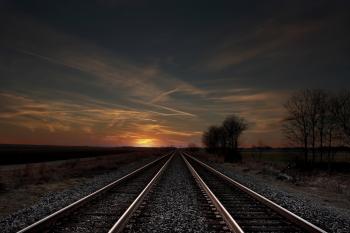 Wallpaper trees, evening, railroad, field, sky, rails, clouds ...