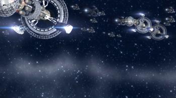3D fantasy with futuristic space ships in interstellar deep space ...