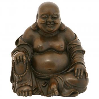 Fat Buddha with happy face, relaxed sitting with prayer beads in one ...