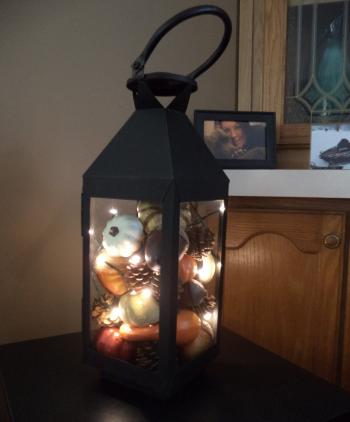 Fall Lantern...Lantern and faux pumpkins, acorns, pinecones & gourds ...