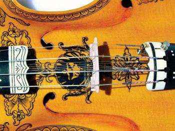 Typically ornate Hardanger fiddle (detail), a Norwegian folk ...