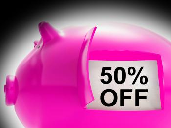 Fifty Percent Off Piggy Bank Message Shows 50 Price Cut