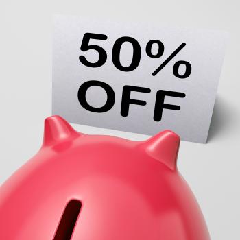 Fifty Percent Off Piggy Bank Shows 50 Half-Price Promotion