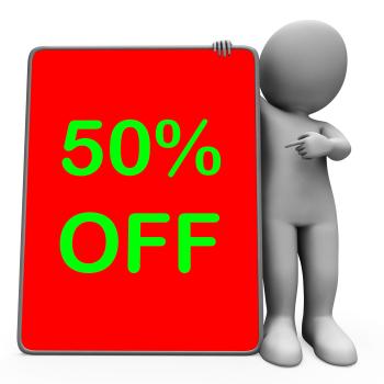 Fifty Percent Off Tablet Character Means 50 Reduction Or Sale Online