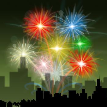 Fireworks City Indicates Night Sky And Celebration