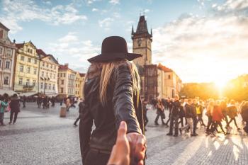 Loving Couple in Autumn Prague Follow Me To Pose Free Stock Photo ...