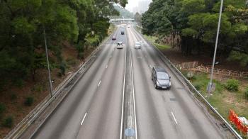 Road in forest, four lanes with divider, top perspective view Stock ...