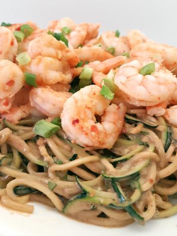 Peanut Zoodle Salad + Chili Garlic Shrimp - Mouth Half Full