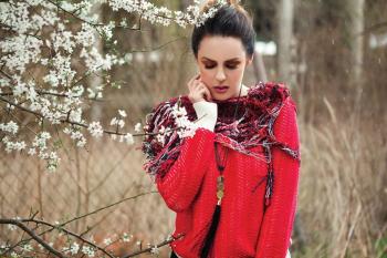 Alone Girl In Red By The Tree | BestWallSite.com
