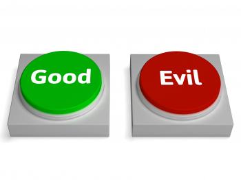 Good Evil Buttons Show Goodness Or Devil