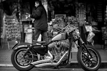 Grayscale Photo of a Cruiser Motorcycle