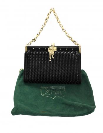 Kieselstein-Cord Black Woven Leather Frame Bag w. Frog For Sale at ...