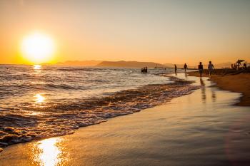 Group of People Walking at the Shoreline during Golden Hour