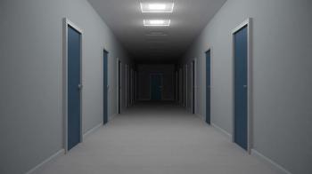 Lights turn on in hallway with doors. Animation of camera moving ...