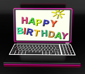 Happy Birthday On Laptop Shows Online Greetings