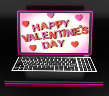 Happy Valentines Day On Laptop Showing Celebrating Love