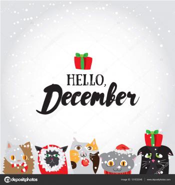 Hello, December. Holiday greeting card with cute cat characters and ...