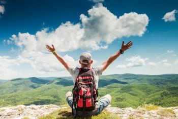 Man Hiker Greeting Rich Nature On The Top Of Mountain - CrossFit ...
