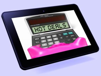 Hot Deals Calculator Tablet Shows Promotional Offer And Savings