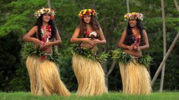 Young female group of Tahitian hula dancers performing outdoor ...