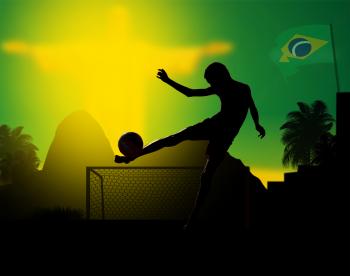 Illustration of a kid playing soccer in Rio de Janeiro