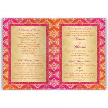 Indian Wedding Invitation Card | Orange, Fuchsia, Gold Damask | Faux ...