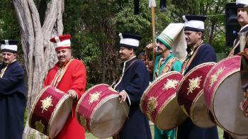 ISTANBUL - MAY 29, 2016: Musicians in ancient costumes perform in ...