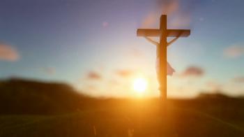 Silhouette of Jesus with Cross over sunset, religious concept ...