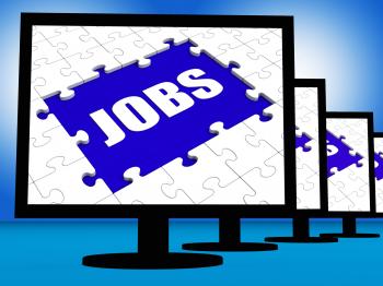 Jobs On Monitors Shows Jobless Employment Or Hiring Online