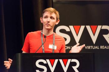 Josh Farkas, CEO of Cubicle Ninjas, giving 60 Second Pitch at SVVR - hands spread