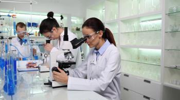 Researcher Specialist Talking About Lab Experiment Microscope Test ...