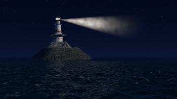 Computer generated lighthouse at night with stars and a calm ocean ...