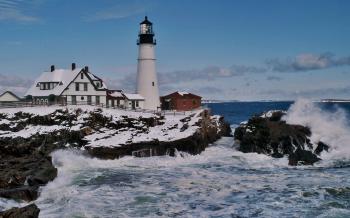 Lighthouse On A Rough Seashore In Winter Wide Desktop Background ...